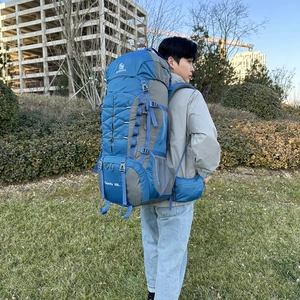 60L large capacity professional outdoor hiking backpack in blue and grey nylon