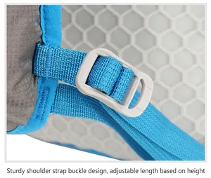 Detail view of adjustable blue shoulder straps and sturdy plastic buckles on cycling backpack