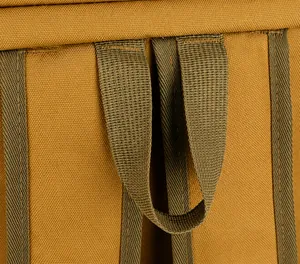 Dettaglio dell'impugnatura superiore rinforzata con cuciture robuste su borsa termica