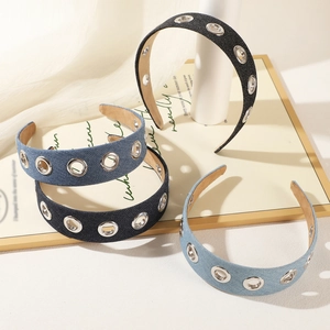 Fashionable denim headbands with silver metal eyelets in four assorted classic colors