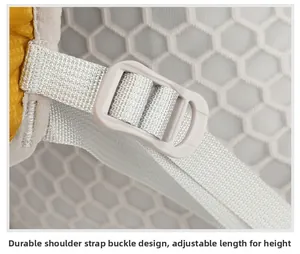 Detail of adjustable strap buckle and breathable mesh back on the cycling backpack