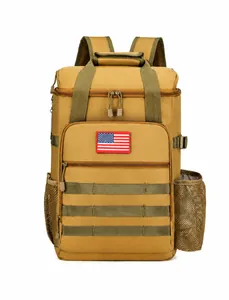 Vista frontale dello zaino termico tattico kaki con sistema MOLLE e patch USA