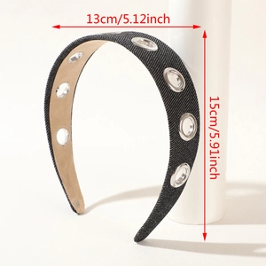 Detail showing blue denim wide headband with silver eyelets and anti-slip lining