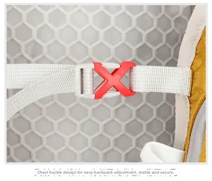 Macro shot of chest buckle design with breathable mesh for hiking hydration backpack