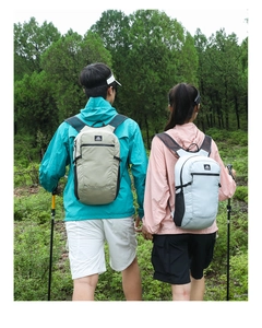 Rear view of hikers wearing lightweight blue and khaki outdoor backpacks in the forest