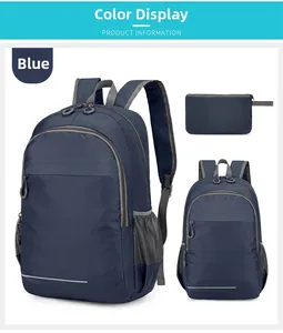 Detail of blue foldable backpack with side mesh pockets and safety reflective strip