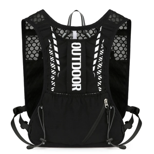Lightweight breathable black outdoor hydration vest with mesh fabric and OUTDOOR text