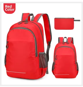 Detailed set of lightweight water-resistant outdoor foldable red backpack with accessories