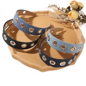 Three-piece punk denim headbands with silver metal eyelets in black and blue shades
