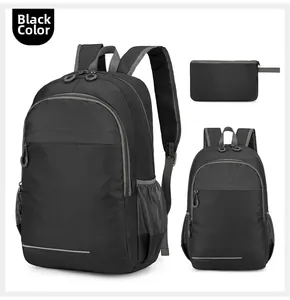 Three-piece black foldable backpack set with detailed view of lightweight nylon fabric