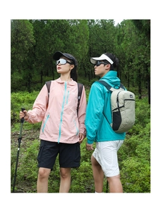 Outdoor light hiking backpacks and sun protection clothing shown in forest setting