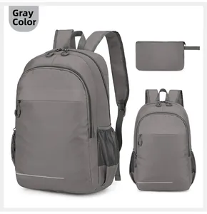 Gray foldable outdoor backpack with reflective safety strip and matching storage pouch
