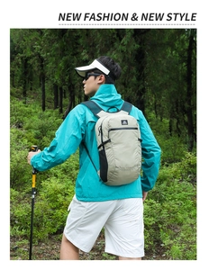 Close-up of the AZELA lightweight hiking backpack in beige fabric during forest trekking