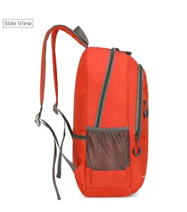 Side view of foldable orange outdoor backpack with grey mesh pocket and zipper layers