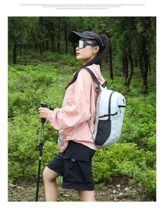 Detailed view of lightweight hiking backpack featuring water-resistant fabric and mesh pockets