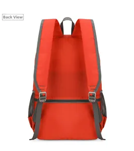 Rear view of lightweight red foldable sport backpack with mesh side pockets and gray straps