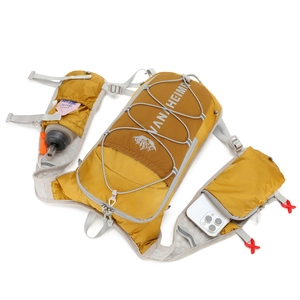 Mustard yellow lightweight running hydration vest with phone pocket and water bottle storage