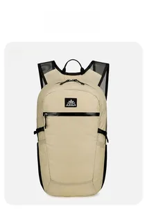 Front view of beige lightweight hiking backpack featuring black straps and AZELA logo