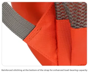 Detail view of reinforced stitching on the orange backpack straps for enhanced durability