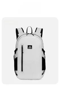 Detailed front view of the AZELA white hiking backpack with black zippers and side pockets