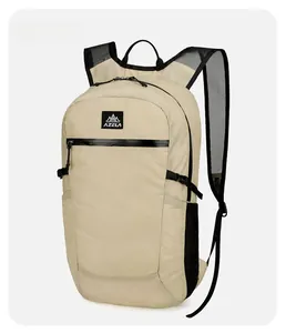 Detail view of lightweight beige hiking backpack with AZELA logo and mesh side pockets