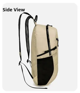 Side view of beige outdoor backpack with black mesh side pocket and adjustable straps