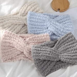 Set of four plush twist knit headbands in cream blue pink and grey soft fleece fabric