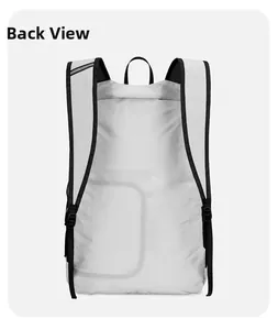 Detailed back view of lightweight grey hiking backpack with adjustable black shoulder straps