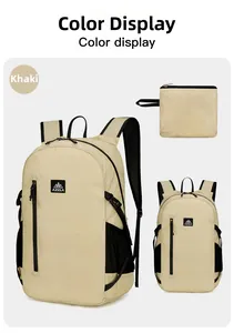 Detailed view of khaki hiking backpack with matching storage pouch and AZELA brand logo
