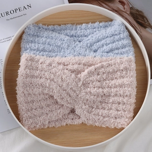Winter soft coral fleece crossover headband set in light blue and pink for daily skincare