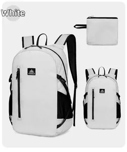 White hiking backpack detail showing foldable design and Azela logo on nylon material
