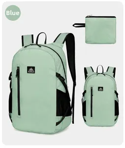 Foldable mint green hiking backpack showing its compact storage form and water-resistant nylon
