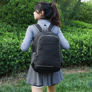 Lightweight foldable black outdoor backpack with reflective safety strips and side pockets
