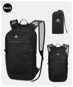 Three views showing lightweight black hiking backpack in full use and folded into a pouch