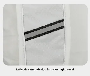 Detail of reflective safety strip on durable white ripstop nylon backpack shoulder strap