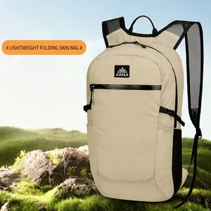 Beige lightweight foldable outdoor backpack with breathable mesh straps for hiking