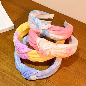 Women Tie-Dye Twisted Knot Headband Soft Fabric Wide Hair Band Bohemian Gradient Color Elastic Headwear Hair Accessories