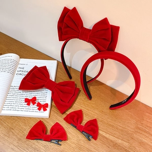 Serre-tête Nœud en Velours Rouge Et Pince à Cheveux Et Boucles d'Oreilles Accessoire Élégant Pour Mariage Fête Femme