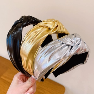 Metallic PU Leather Knotted Wide Headband For Women Gold Silver Black Solid Color Fashion Hair Hoop Accessory Hairband