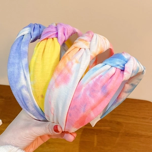 Colorful tie-dye wide headband set with twisted knot design in soft fabric for women