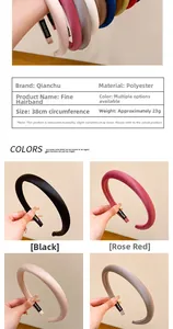 Detail of padded silk-satin headband showing 38cm circumference and handmade label