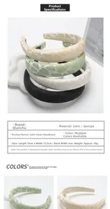 Detailed view of padded satin heart headbands in yellow, green, white, and black colors