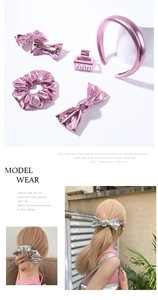 Detail set of shiny metallic PU leather hair accessories including bow clips and headbands
