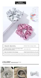 Detail view of pink and silver metallic PU leather scrunchies with bow design