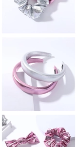 Metallic PU leather headband and scrunchie set in shiny silver and pink metallic tones