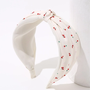Bandeau à nœud avec imprimé cerise en tissu blanc crème aux fruits rouges et feuilles vertes