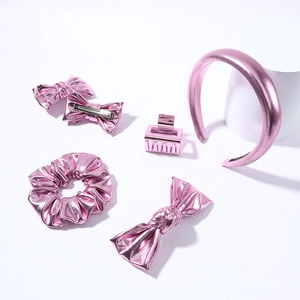 5-piece bright pink PU leather hair accessory set with headband and bow clips
