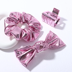 3-piece glossy pink PU leather hair accessory set with scrunchie and bow clip