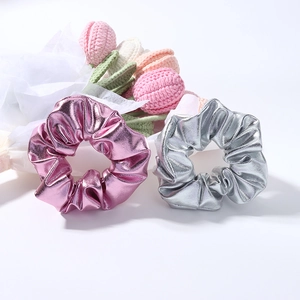 Metallic shiny PU leather scrunchies in pink and silver with stylish mirror finish