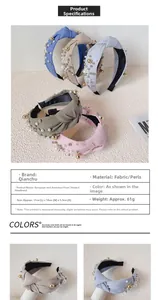 Detailed view of twisted knot pearl headbands showing materials, dimensions, and color options